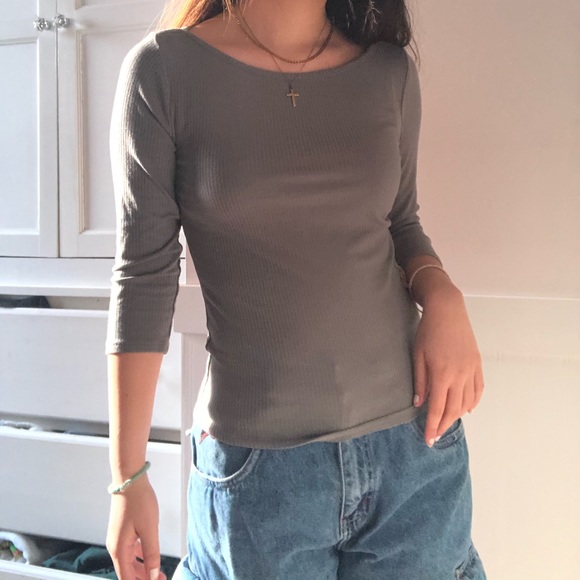 garage olive sage green ribbed quarter sleeve top - Picture 4 of 5